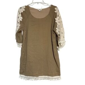 Umgee USA Womens Dress‎ Crochet Lace Sleeve Boho Casual Khaki Small S